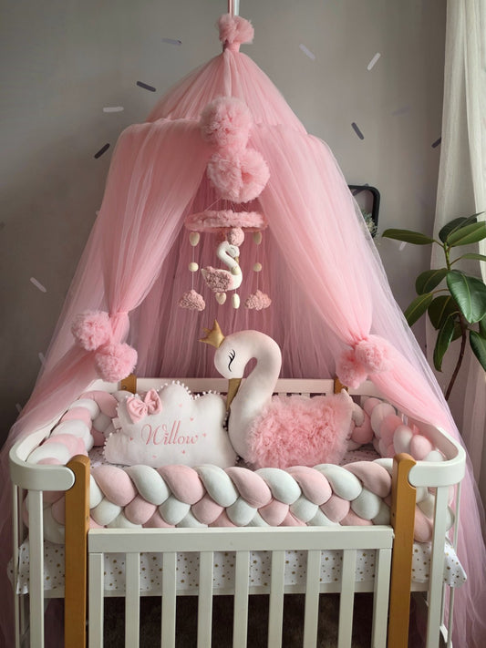 Personalized Girl Bedding Set Light Pink | Handmade Nursery Decor with Swan