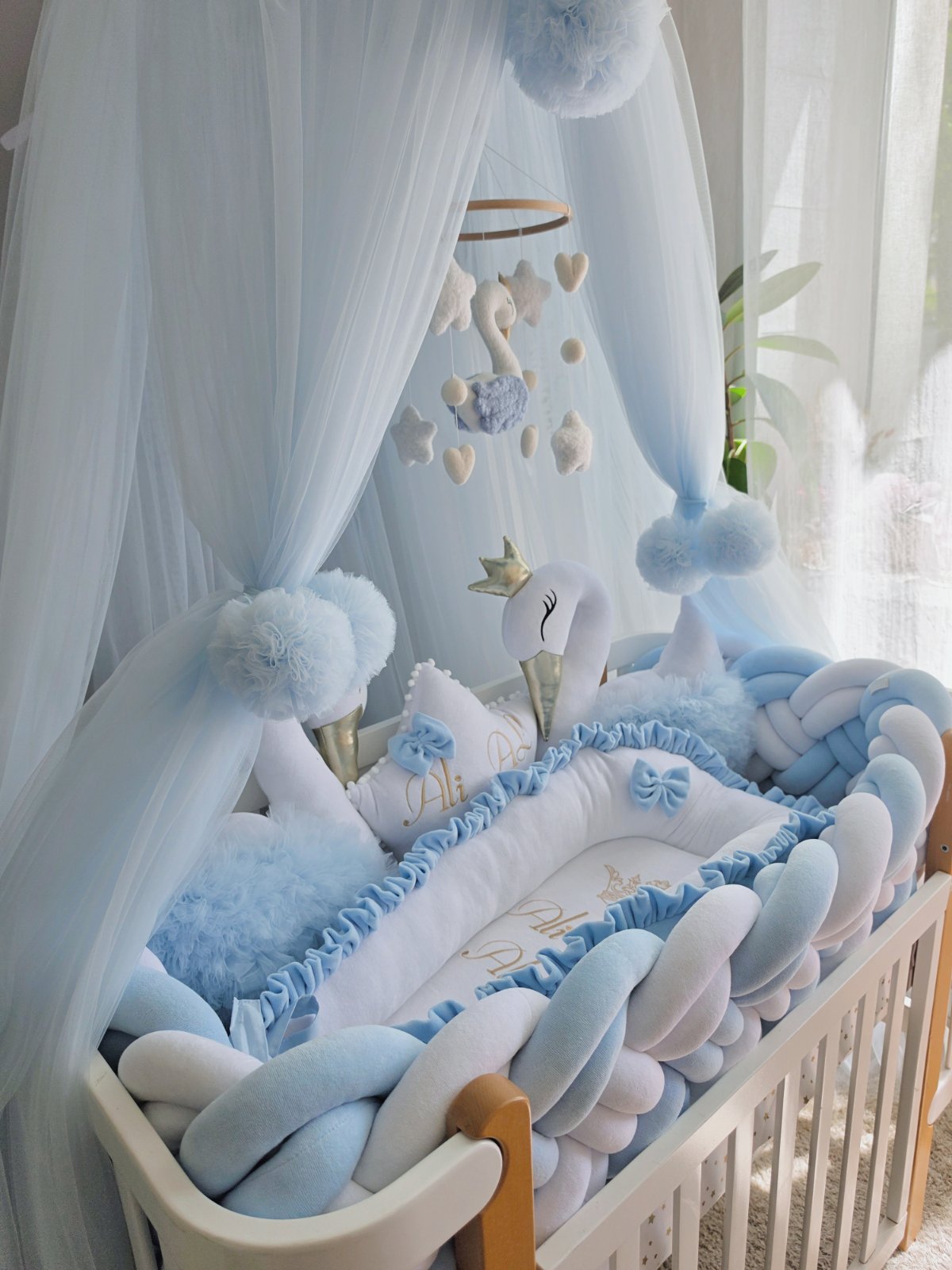 Blue Baby Bedding Set - Premium Crib Set with Swan