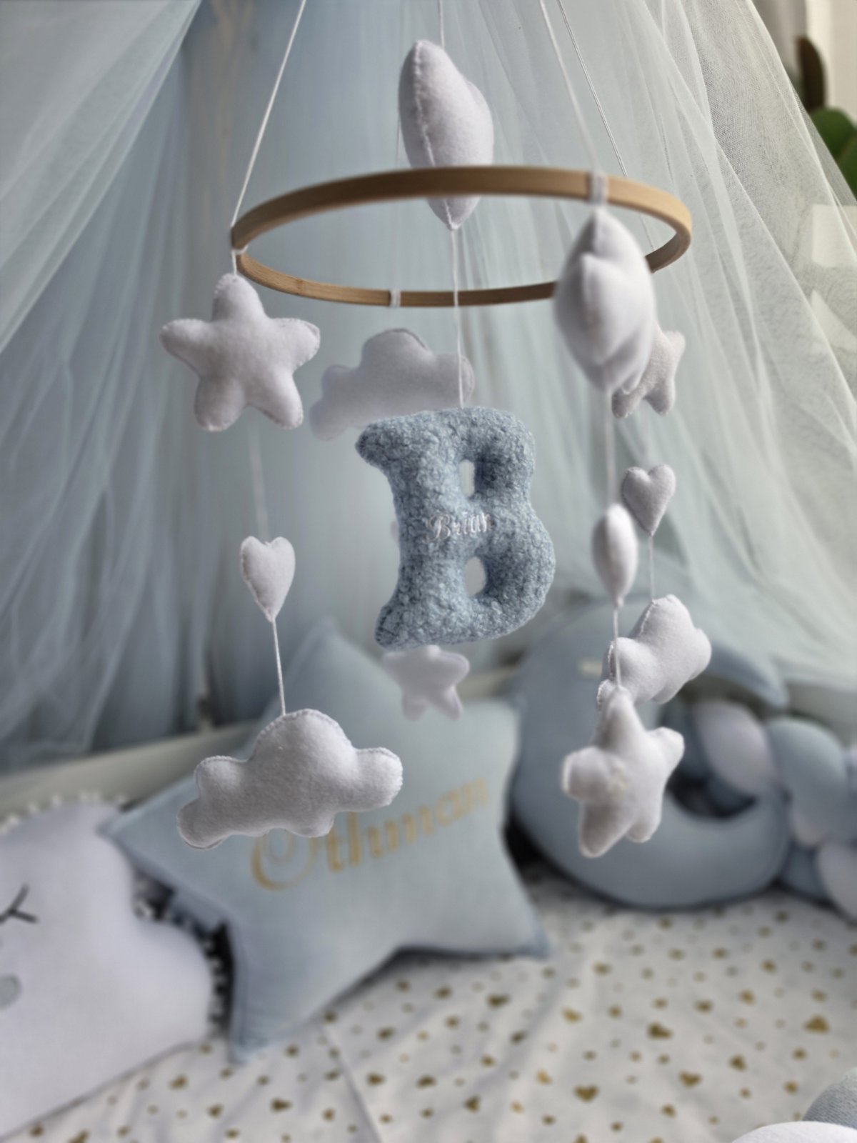 Personalized Baby Crib Mobile with Stars, Clouds & Hearts