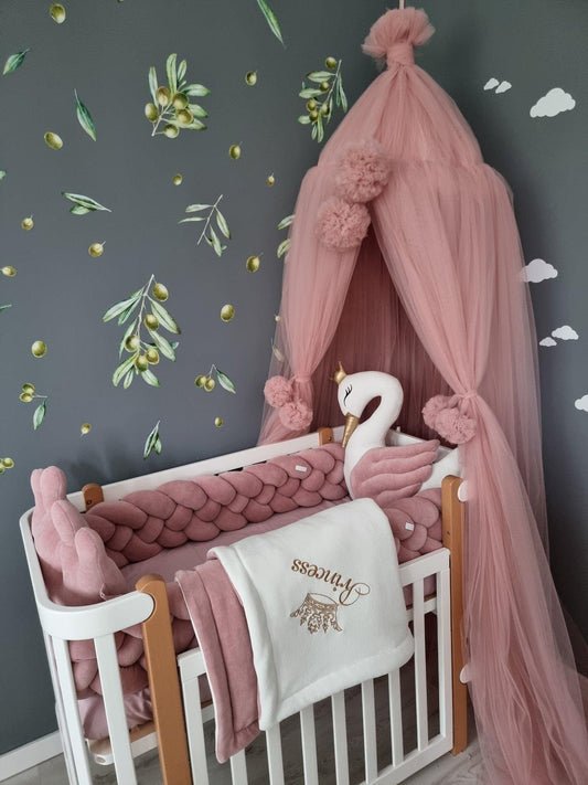 Personalized baby bedding set for girl blush with baldachin. Braided crib bumper - KariStudio