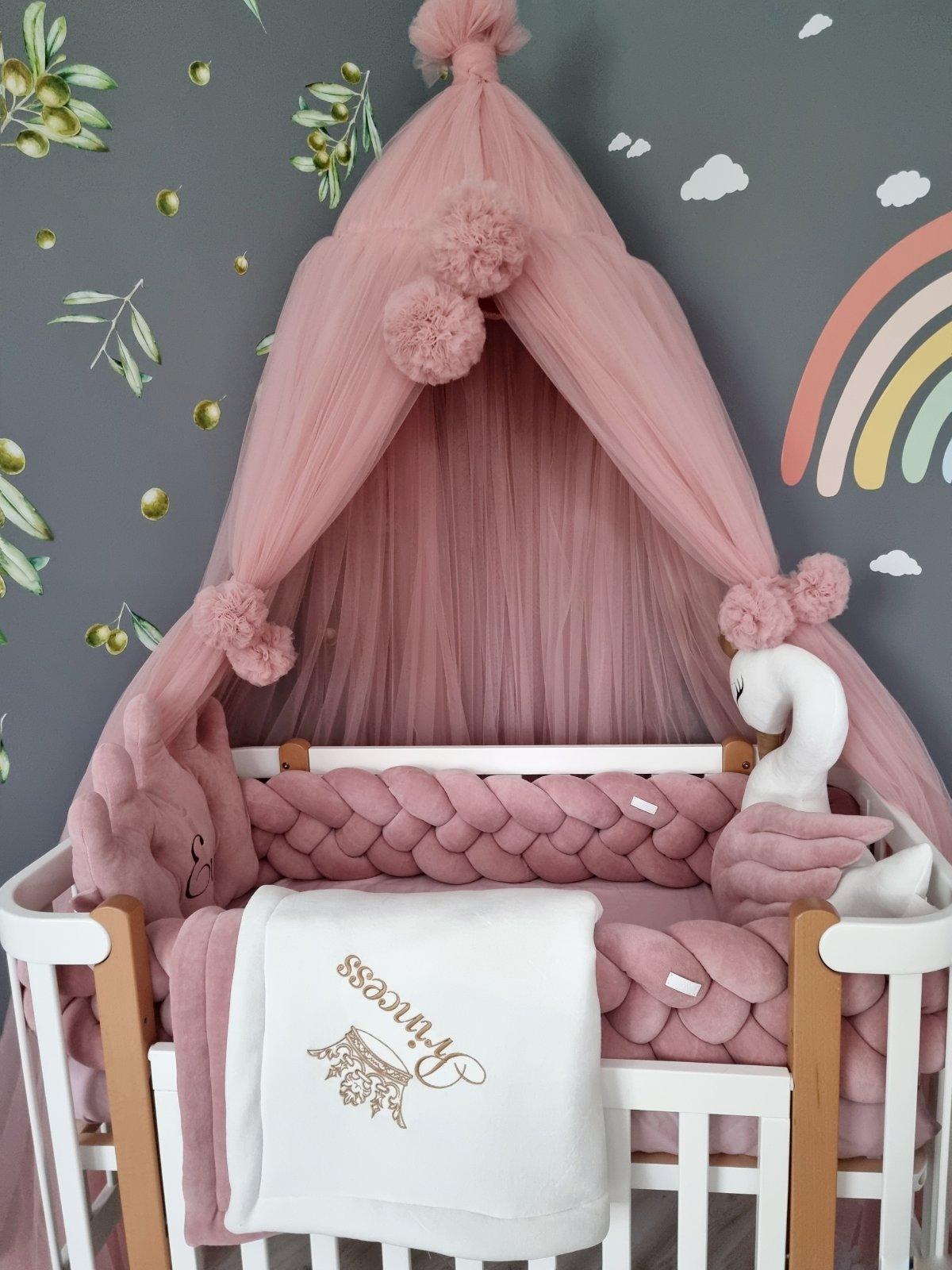 Personalized baby bedding set for girl blush with baldachin. Braided crib bumper - KariStudio