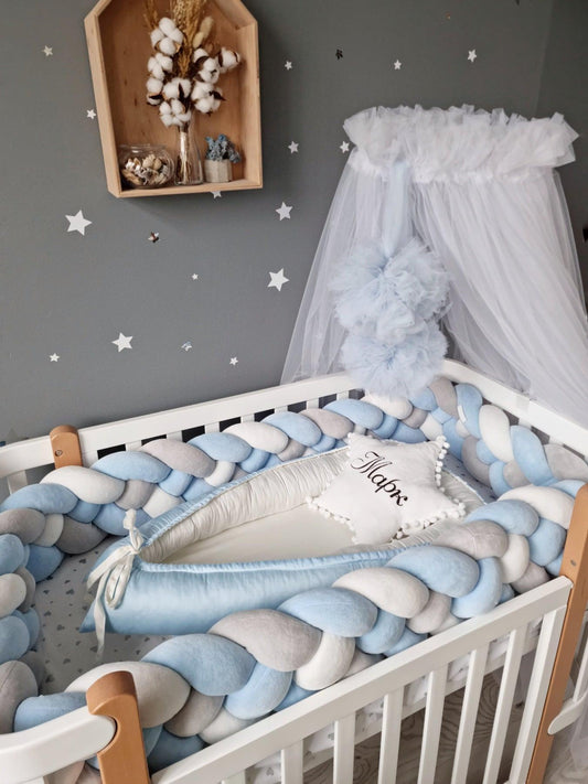 Double braided crib bumper blue white 20 cm - KariStudio