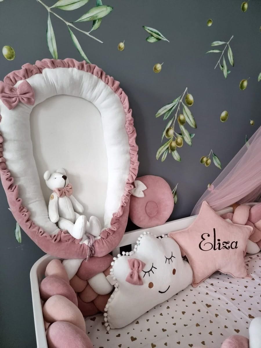 Personalized baby bedding set for girl blush. Braided crib bumper