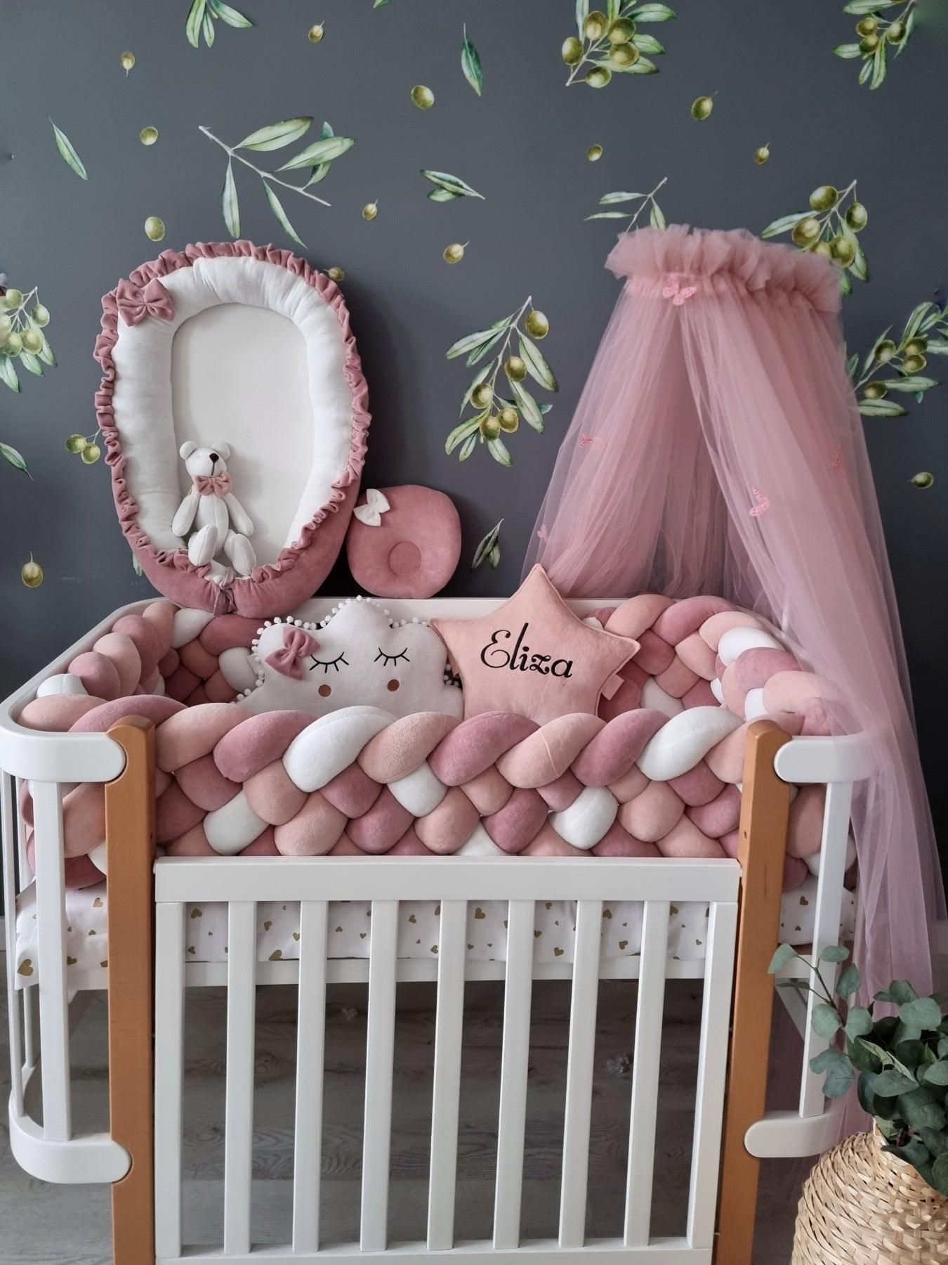 Personalized baby bedding set for girl blush. Braided crib bumper - KariStudio