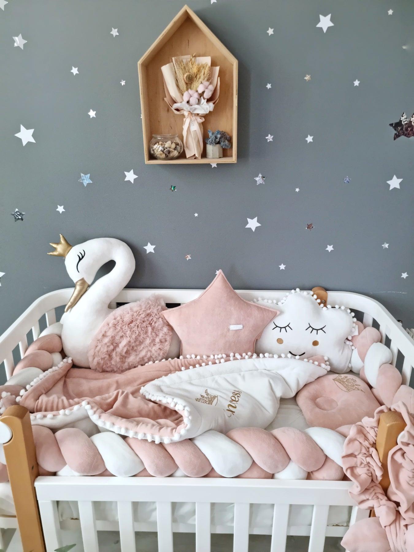Personalized baby bedding set for girl blush. Braided crib bumper - KariStudio