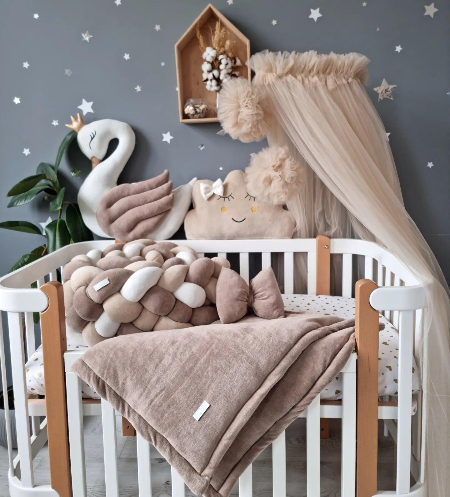 Personalized baby bedding set beige cappuchino. Braided crib bumper - KariStudio