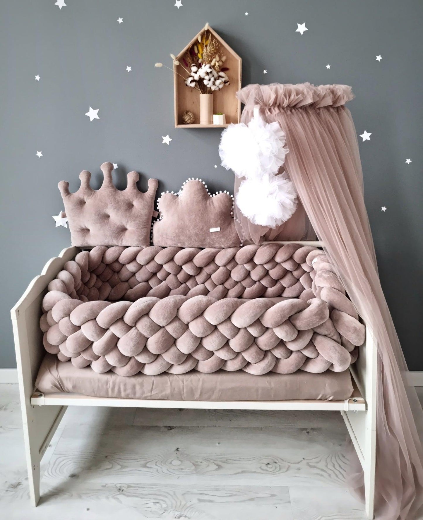 Personalized baby bedding set cappuccino. Braided crib bumper - KariStudio