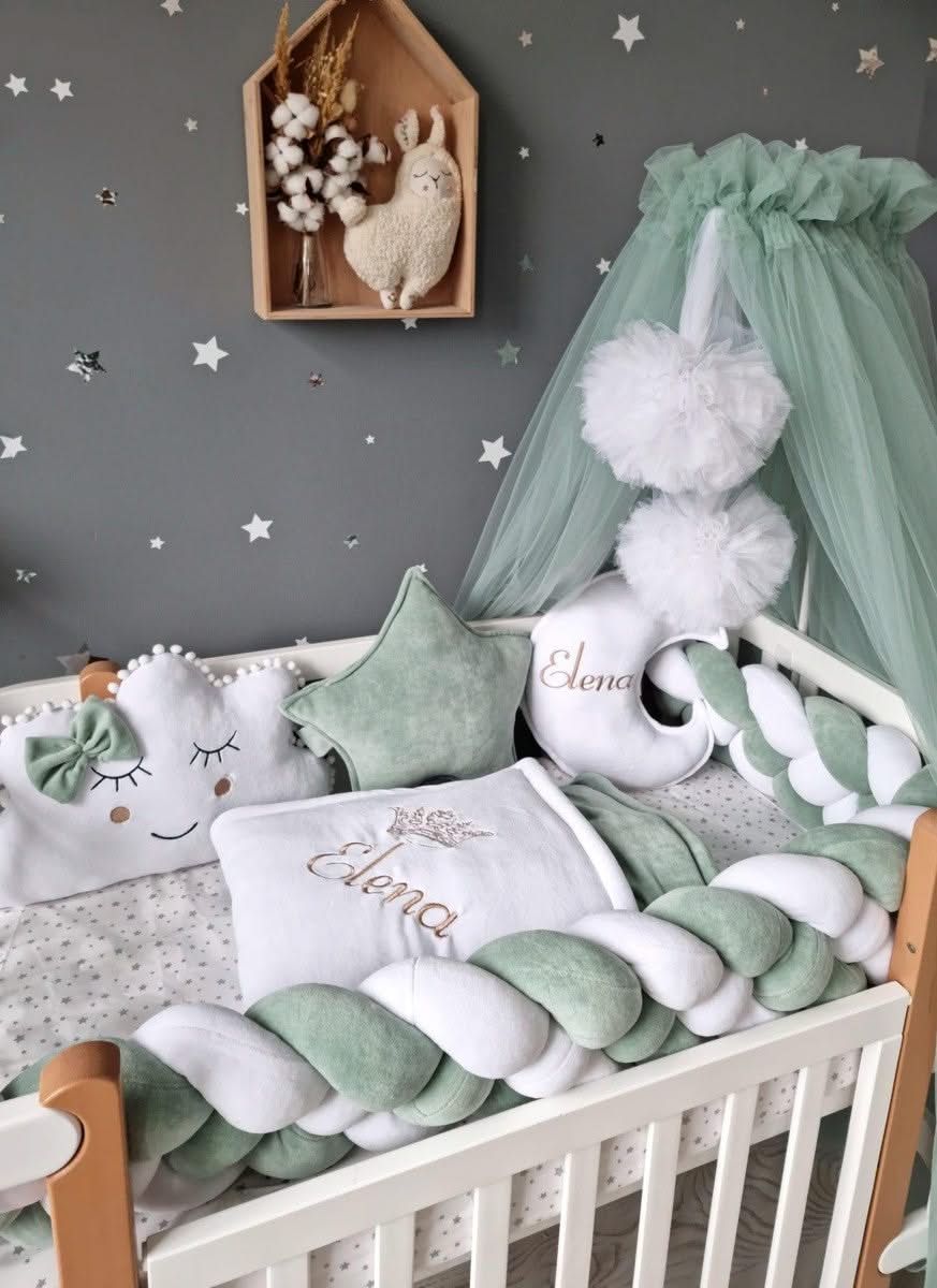 Sage Green Baby Bedding Set - Princess Swan, Star & Seashell | KariStudio Sage Green Baby Bedding Set - Princess Swan, Star & Seashell | KariStudio