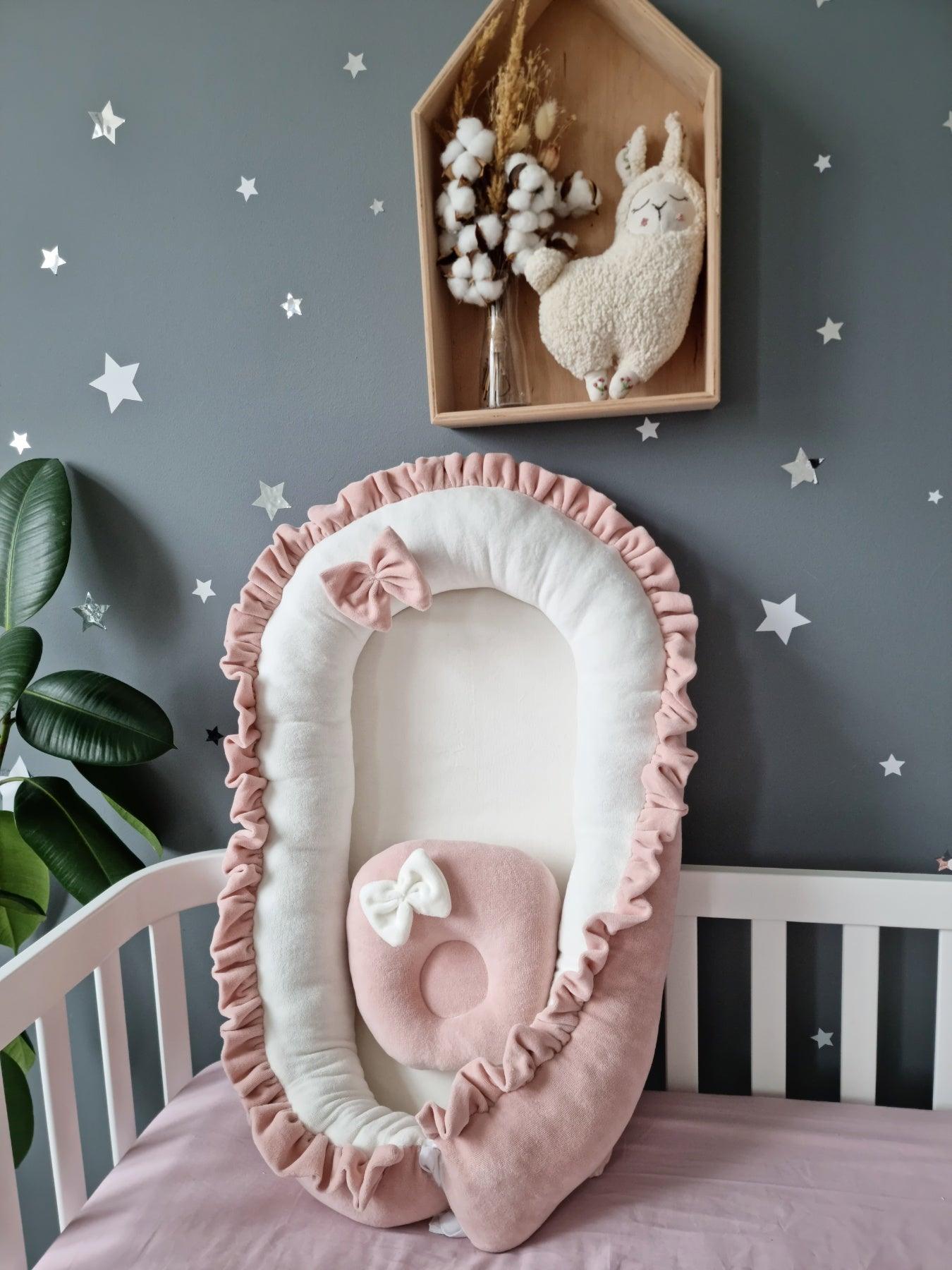 Personalized baby bedding set light blush. Braided crib bumper - KariStudio